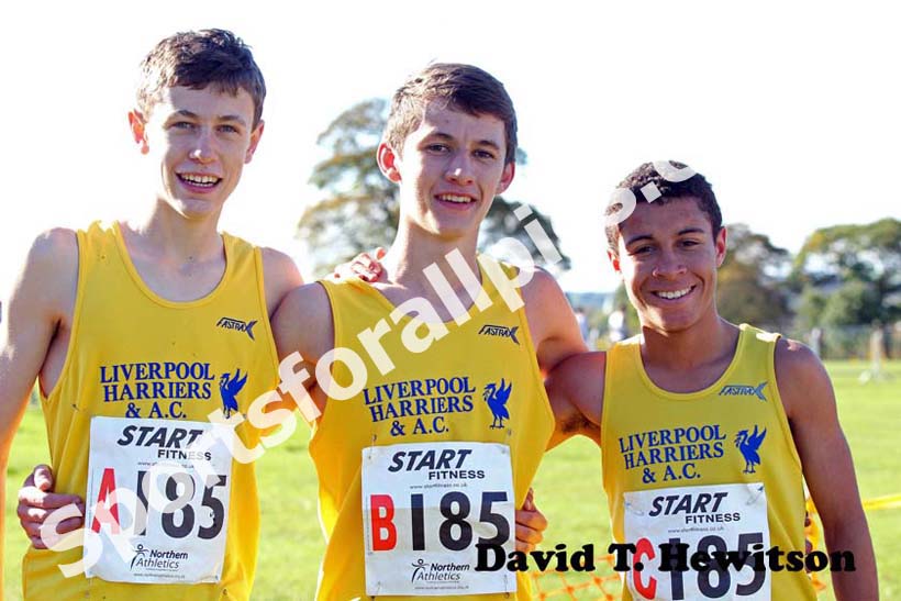LIverpool Harriers winners of the under-17s, from left to right: M. Wiglesworth, Damniel Jarvis and M. Stirling Northern Cross Country Relay, Graves Park, Sheffield.